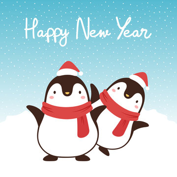 Cute Penguins with happy new year illustration, Merry christmas card  with hand drawn letters, snow globe winter vector illustration, christmas card