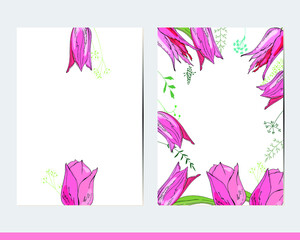 Greeting cards with floral elements and decoration. Decor with tulips