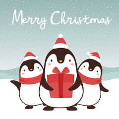 Cute Penguins with happy new year illustration, Merry christmas card  with hand drawn letters, snow globe winter vector illustration, christmas card