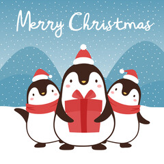 Cute Penguins with happy new year illustration, Merry christmas card  with hand drawn letters, snow globe winter vector illustration, christmas card