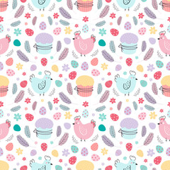 Easter seamless pattern. A pattern with chickens decorated with eggs, cakes, and feathers. Design for textiles, packaging, wrappers, web, printing. Vector flat illustration