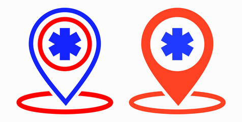 Hospital location icon. Pharmacy location. Location of the medical facility. Doctor's coordinates. Vector icon.