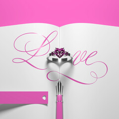 Luxury engagement ring with a heart-shaped diamond as the letter "O" in the word LOVE written by hand through an empty book spread. Elegant pink wedding design mockup with calligraphy. 3D render.