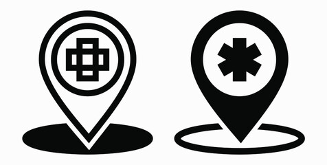 Hospital location icon. Pharmacy location. Location of the medical facility. Doctor's coordinates. Vector icon.