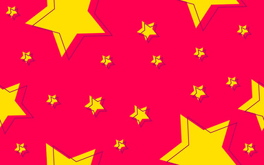 Bright and minimal attractive seamless texture. Yellow stars with outline offset on vivid pink or fuchsia background. Great as sale banner for promotions and discounts, wrapping gift paper or backdrop