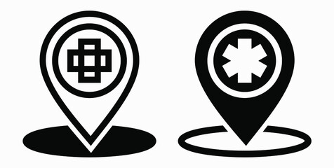 Hospital location icon. Pharmacy location. Location of the medical facility. Doctor's coordinates. Vector icon.