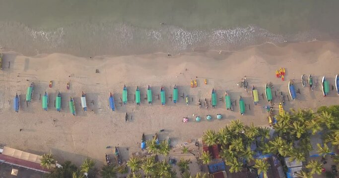 Boats At White Sand Beach Of Palolem During Summer In Canacona, South Goa, India. - aerial