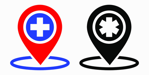 Hospital location icon. Pharmacy location. Location of the medical facility. Doctor's coordinates. Vector icon.