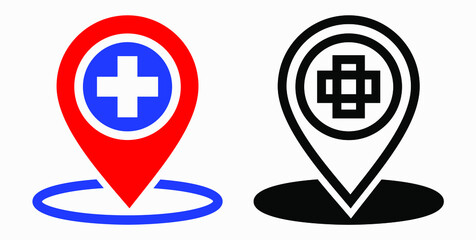 Hospital location icon. Pharmacy location. Location of the medical facility. Doctor's coordinates. Vector icon.