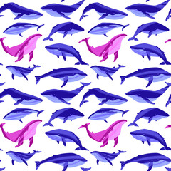 Decorative vector seamless pattern with whales. Ocean animals in trendy flat style.