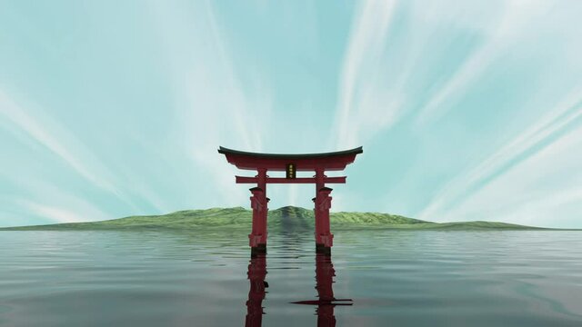 Flying Across The Japan Gate Torii Standing In The Water Loop