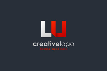 Abstract Initial Letter L and U Logo. White L Letter Linked with Red U Letter Origami Style isolated on Dark Blue Background. Usable for Branding Logos. Flat Vector Logo Design Template Element.
