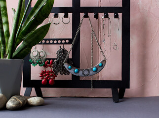 Hangs the necklace on the jewelry organizer . Pink background. High quality photo