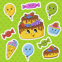 Set of stickers with cute cartoon characters. Happy birthday theme. Hand drawn. Colorful pack. Vector illustration. Patch badges collection. Label design elements. For daily planner, diary, organizer.