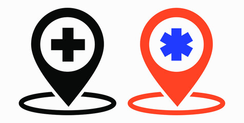 Obraz premium Hospital location icon. Pharmacy location. Location of the medical facility. Doctor's coordinates. Vector icon.