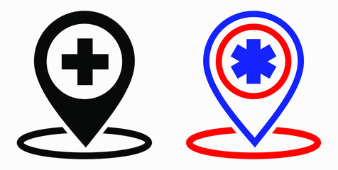 Hospital location icon. Pharmacy location. Location of the medical facility. Doctor's coordinates. Vector icon.