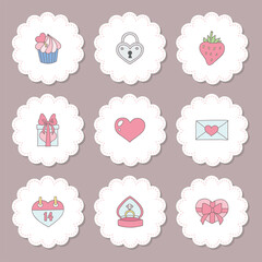 Valentine's day cupcake toppers. Set of cupcake toppers with doodle illustrations of Valentine's day symbols such as heart, ring, flowers and cupid. Can be used as greeting cards, gift tags or icons. 