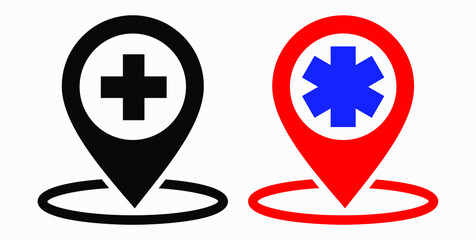 Hospital location icon. Pharmacy location. Location of the medical facility. Doctor's coordinates. Vector icon.