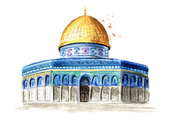 Fototapeta premium Dome of Rock or Qubbatus Sakhra in Masjidil Aqsa compound on the Temple Mount in Jerusalem, Israel. Hand drawn watercolor illustration, isolated on white background