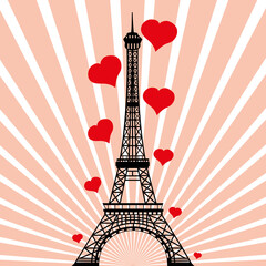 Beautiful Eiffel Tower. Vector Drawing With Red Hearts.