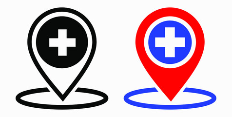 Hospital location icon. Pharmacy location. Location of the medical facility. Doctor's coordinates. Vector icon.