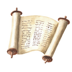 Open Torah scroll with the text of the Bible, the Pentateuch of Moses, the totality of the Jewish traditional religious law. Hand drawn watercolor illustration, isolated on white background