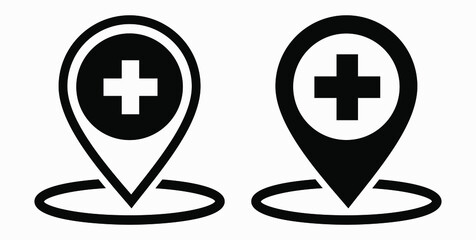 Hospital location icon. Pharmacy location. Location of the medical facility. Doctor's coordinates. Vector icon.