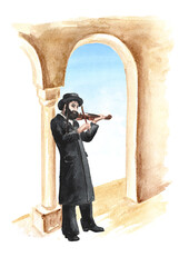 Orthodox Jew plays the violin in the old town. Hand drawn watercolor illustration, isolated on white background