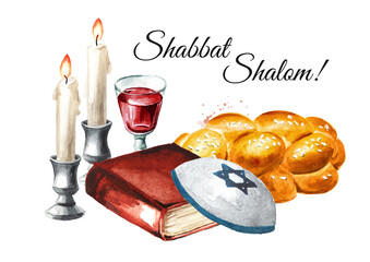 Shabbat Shalom card, Traditional jewish celebration oh the Shabbat, challah, candles, Torah book and wine. Hand drawn watercolor illustration isolated on white background - obrazy, fototapety, plakaty