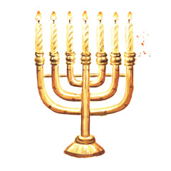 Traditional hebrew Menorah with seven burning candles. Hanukkah jewish holiday concept. Hand drawn watercolor illustration, isolated on white background