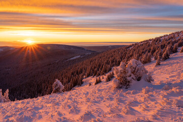 Majestic sunset in the winter mountains landscape. High resolution image. Kralicky snežník czech