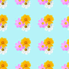 Seamless pattern flower composition, white, yellow and pink colored flowers.