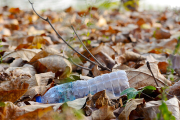 Garbage from plastic bottle that are thrown away on the dry leaves ground with dry leaf which is a problem and pollution to the environment at garden park 