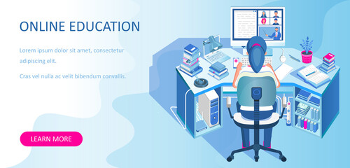 Learning online at home. Student sitting at desk and looking at computer monitor. E-learning banner. Web courses or tutorials concept. Distance education flat isometric vector illustration.