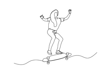 Continuous line drawing of young woman playing skateboard. Single one line art sport vector illustration theme. Person play game for exercise and hobby isolated on white background.