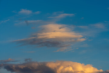 Beautiful fluffy cloud in yellow evening sunlight