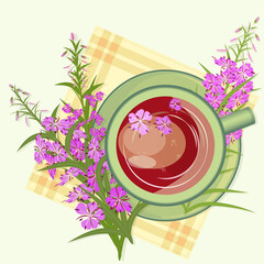 Herbal Tea with Epilobium or Fireweed inflorescences, Healing Drink. Russian Ivan - tea rich infusion or decoction, top view close-up. Vector illustration.