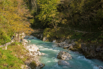 Fototapeta premium The lower Devil's Bridge crossing the Tolminka River which flows through Tolmin Gorge in the Triglav National Park, north western Slovenia 