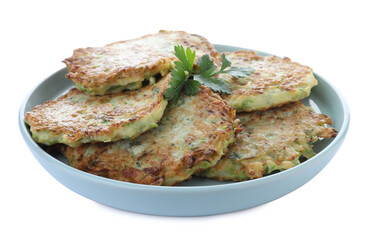 Delicious zucchini fritters in plate on white background