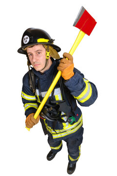 Full body young brave man in uniform, hardhat of firefighter and full facepiece respirator holds axe and looking at camera isolated on white background, high angle view