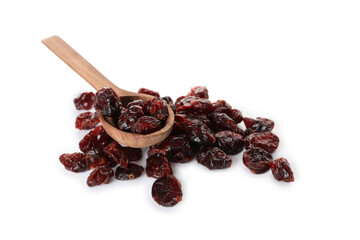 Dried cranberries and wooden spoon on white background