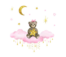 Newborn Teddy bear Baby girl shower illustration.Watercolor hand painted illustrations isolated on white background.