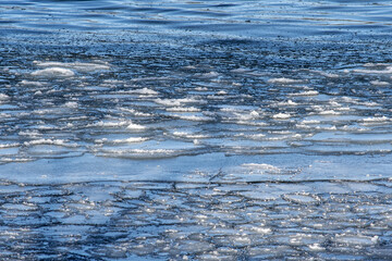 Ice process before the surface of a lake freezes in winter.