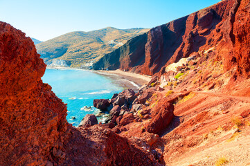 Red beach on Santorini island, Greece. Summer landscape, sea view. Famous travel destination