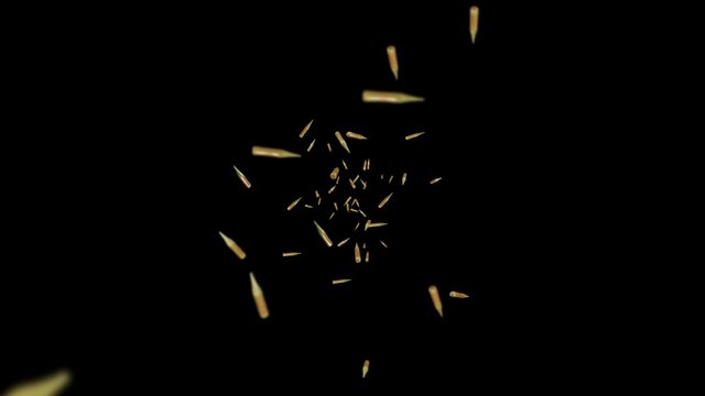 Flying many ammunition bullets on black background. Military concept. Mock up. Brown pistol bullets. 3D loop animation of bullet rotating.