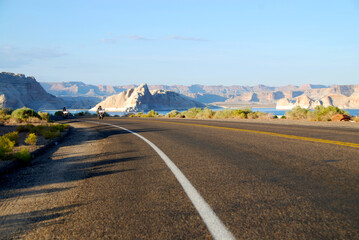 motorcycle riding through red rock canyons at Lake Powell