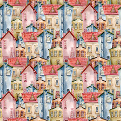 Seamless watercolor pattern with cute little houses. A fabulous multicolored city. Hand-drawn illustration. Design for textiles, wallpapers and wrappers
