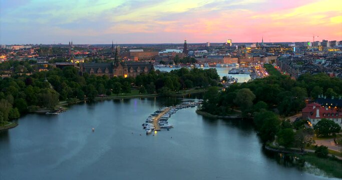 Aerial, Cloudy sundown over Stockholm city, Sweden