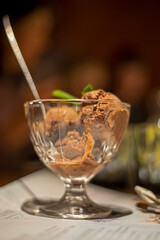 chocolate ice cream with kerob in glass bowl on blurred background, vertical