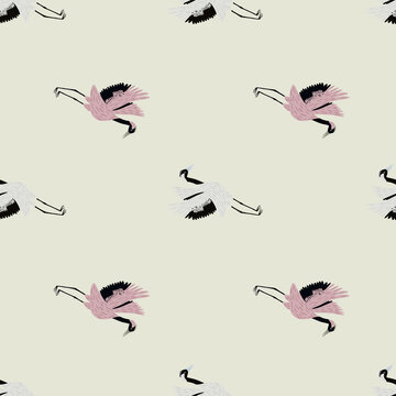 Pastel tones white and pink crane bird animal seamless pattern in doodle style. Grey light background. Animal print.